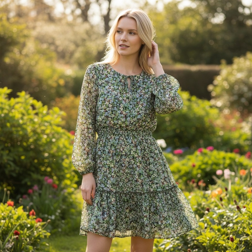 Ann Taylor Factory Tiered Dress Womens 16P Green Blue Floral Chiffon Long Sleeve